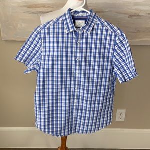 On the Road crisp blue and white plaid slim fit shirt